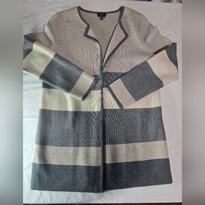 Women's Talbots Cream and Gray Striped Cardigan 100% Pure Merino Size Mp